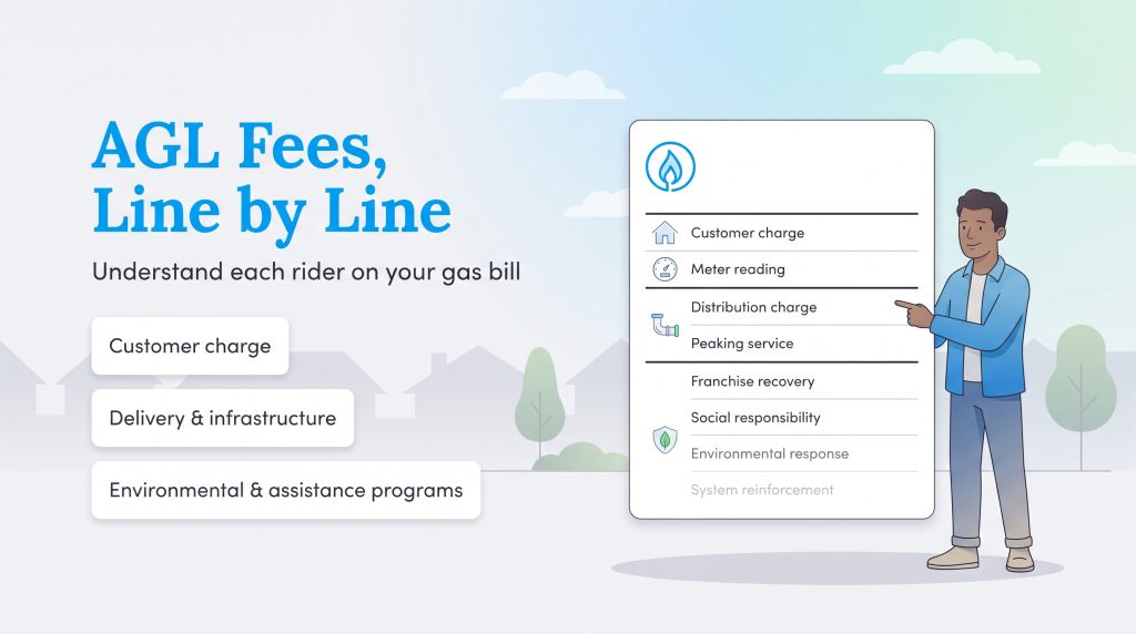 An illustration explaining different line-item fees and riders on an AGL gas bill.