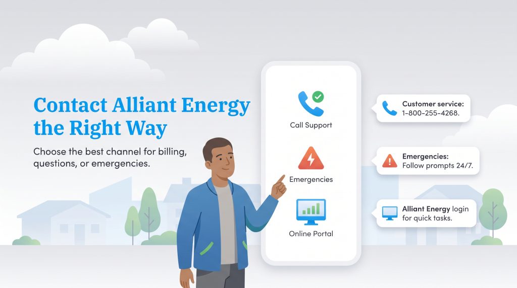 Graphic detailing Alliant Energy contact options: phone support, emergencies, and online portal.
