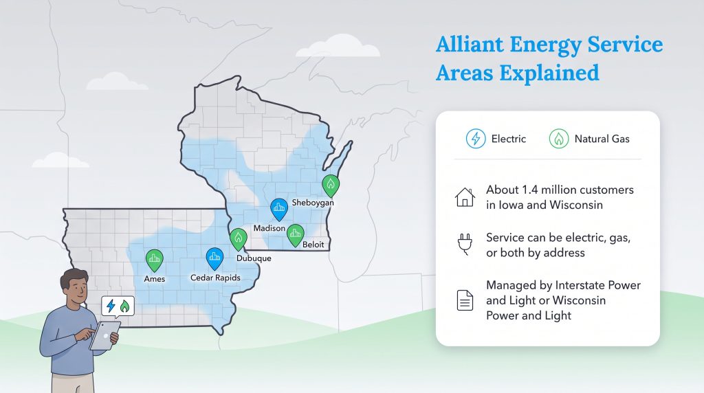 Map of Alliant Energy service areas in Iowa and Wisconsin with utility highlights