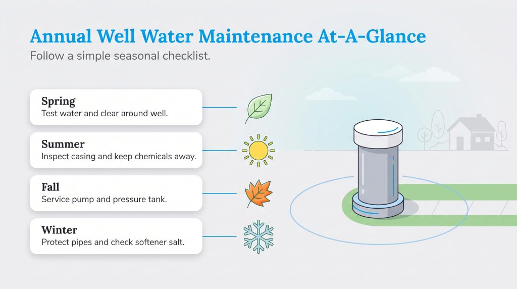 Seasonal checklist for annual well water maintenance with spring, summer, fall, and winter tasks.