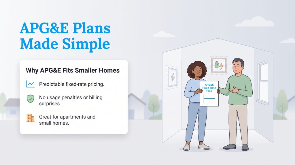 Illustration showing benefits of APG and E fixed-rate plans for small homes and apartments