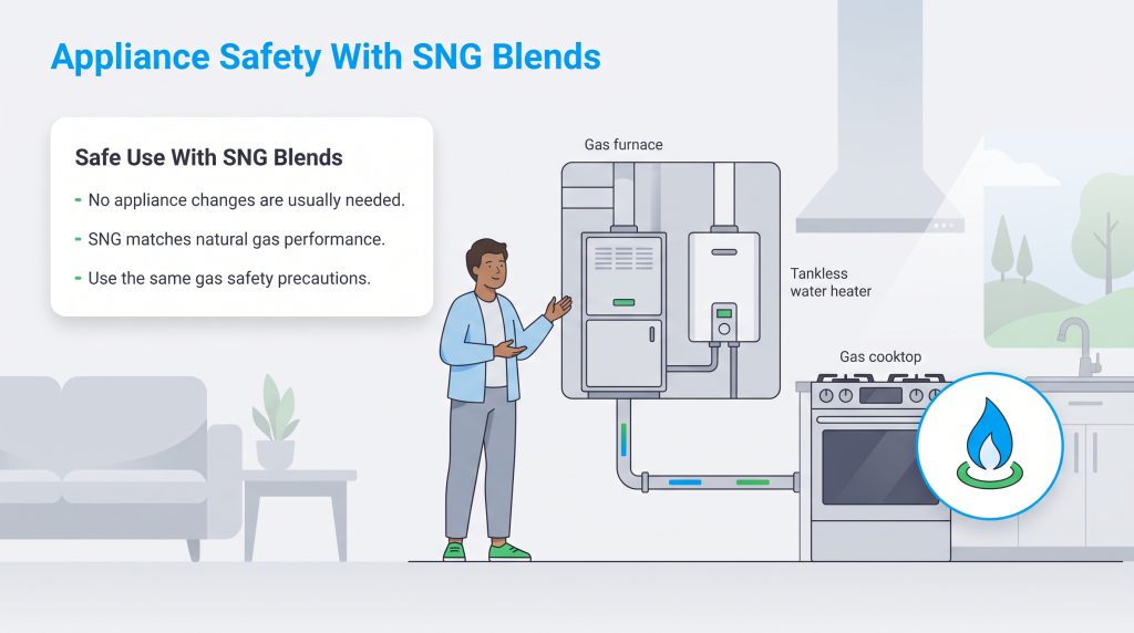 Illustration explaining home appliance safety and compatibility with synthetic natural gas blends.