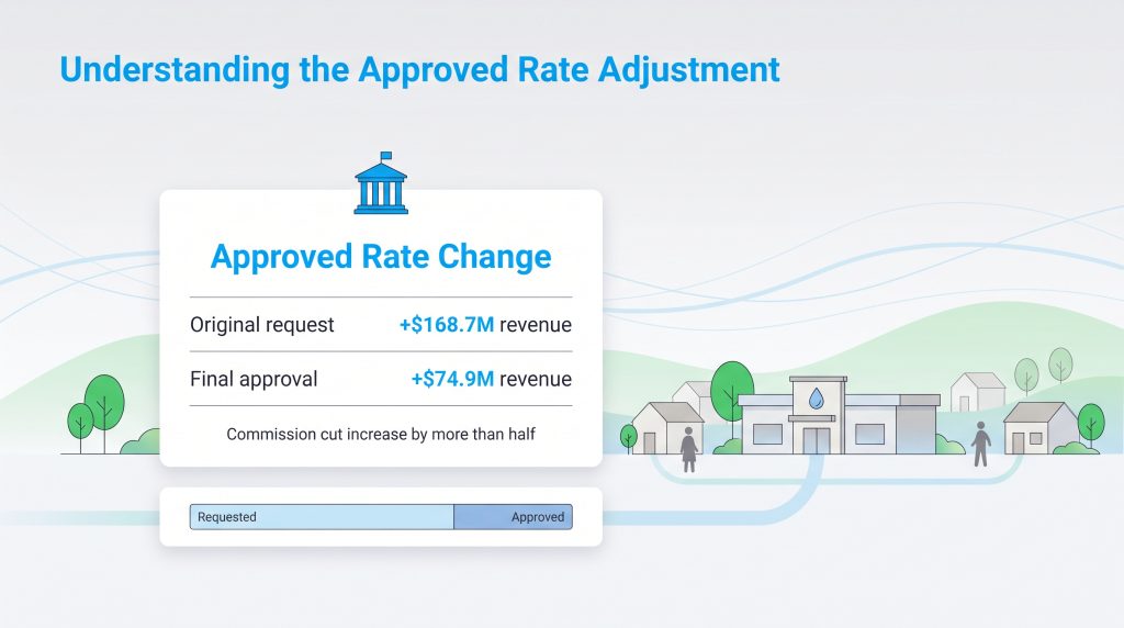 Graphic showing the utility rate request cut from 168.7M to an approved 74.9M.
