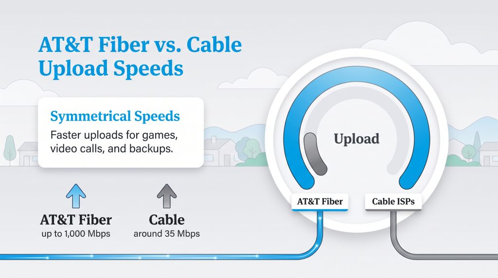 Speed gauge comparing AT&T Fiber upload of 1,000 Mbps with Cable upload of 35 Mbps.