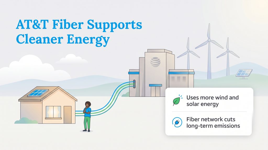 Graphic of AT&T Fiber connecting a home to green energy sources like wind and solar