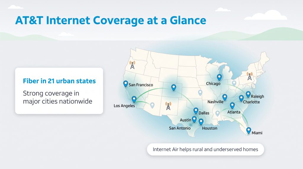 US map showing AT&T fiber coverage in major cities and Internet Air in rural regions