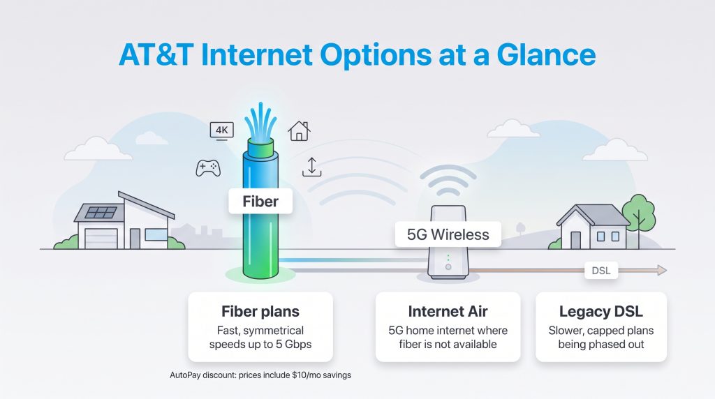 Illustration of AT&T internet options: Fiber plans, Internet Air 5G, and Legacy DSL