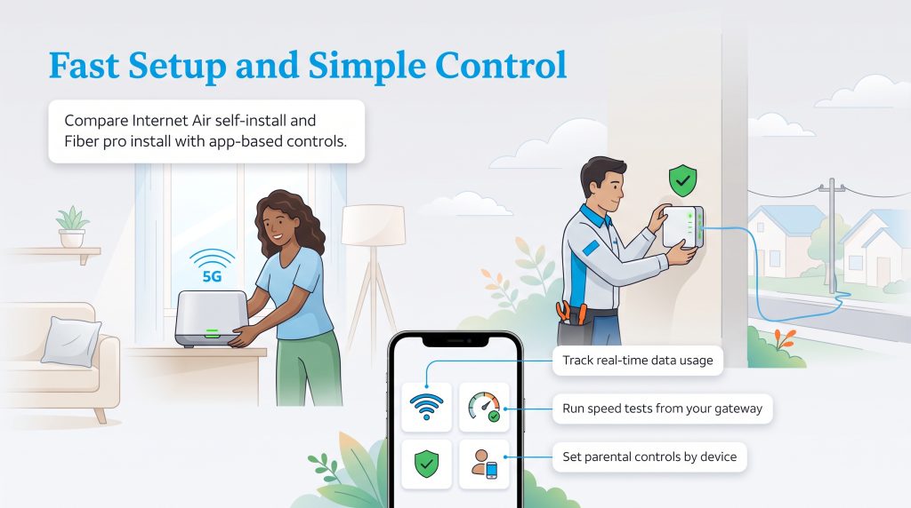 Illustration of AT&T Internet Air self-setup, Fiber pro-install, and Smart Home Manager app