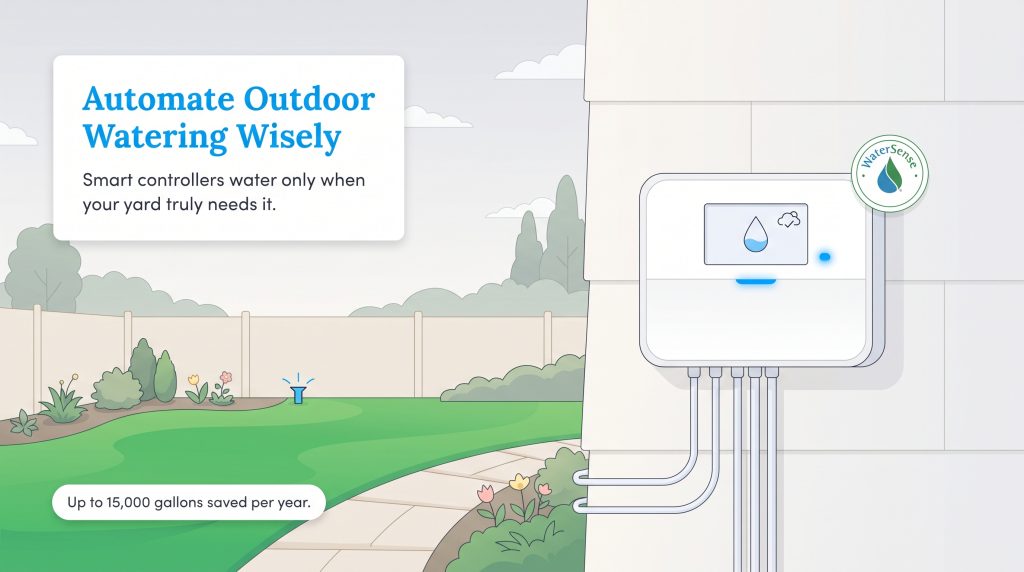 Smart watering controller mounted on a house wall overlooking a lush backyard.
