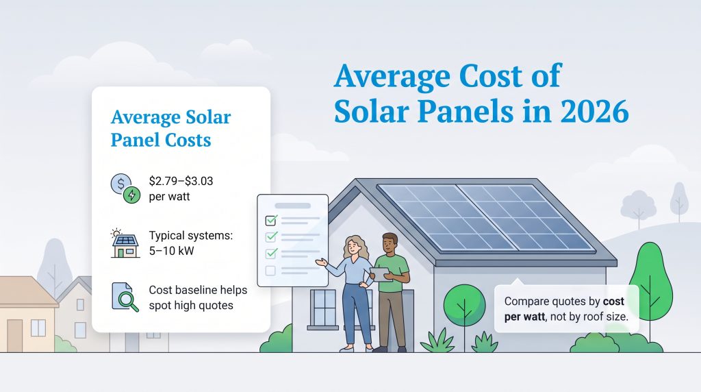 Illustration of average solar panel costs in 2026 ranging from $2.79 to $3.03 per watt.