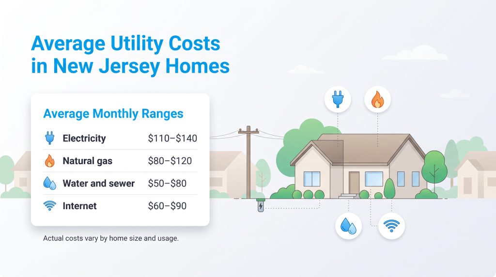 Chart showing average monthly utility costs in New Jersey for power, gas, water, and internet