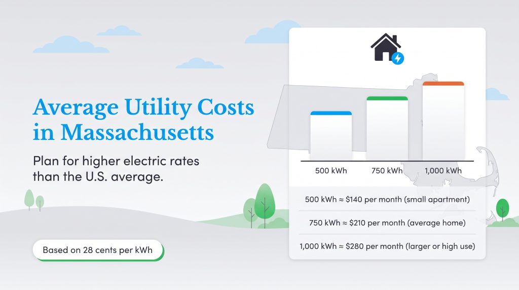 Chart showing estimated monthly electricity costs in Massachusetts based on kilowatt-hour usage