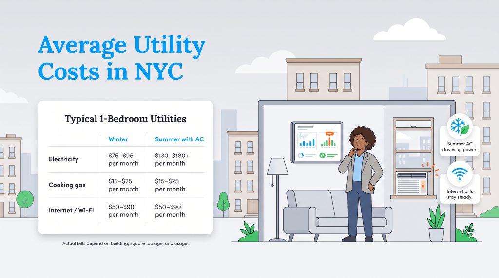Table showing typical 1-bedroom utility costs in NYC for electricity, gas, and internet