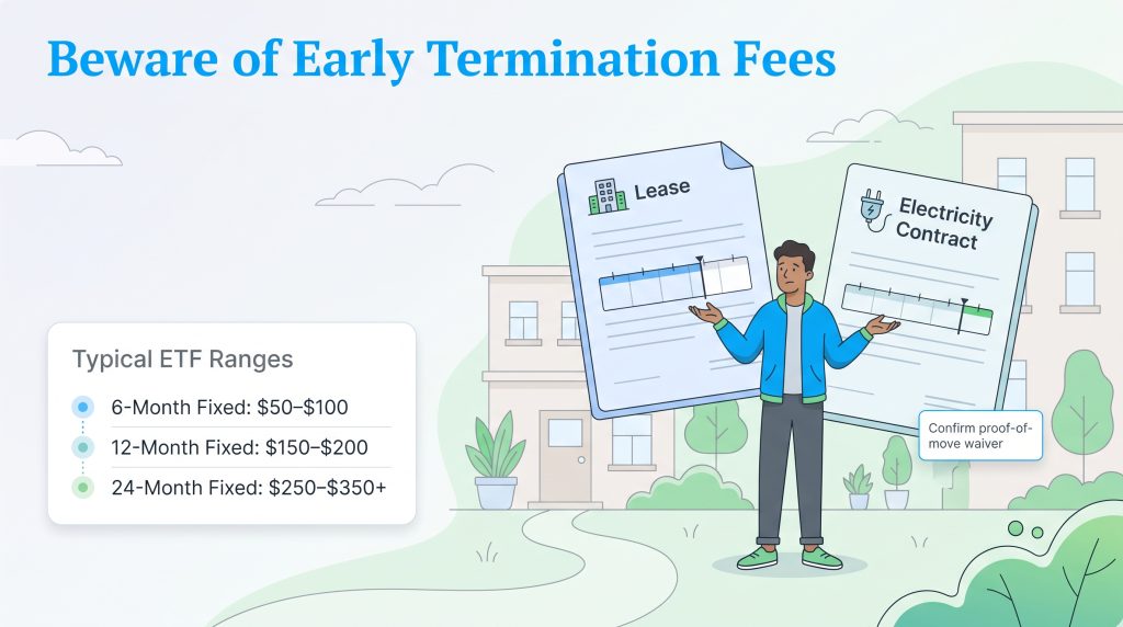 Graphic showing a man comparing mismatched lease and electricity contract timelines.