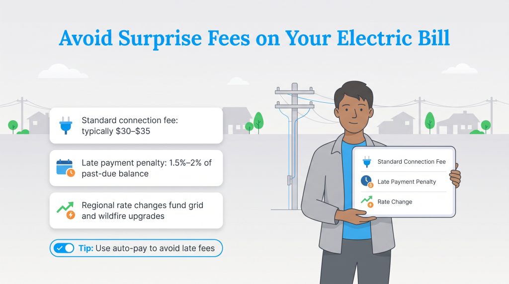 Graphic explaining common electric bill fees, penalties, and rate changes.