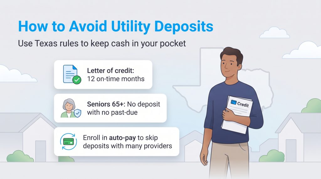How to avoid Texas utility deposits: letter of credit, age 65 plus, or auto-pay enrollment.