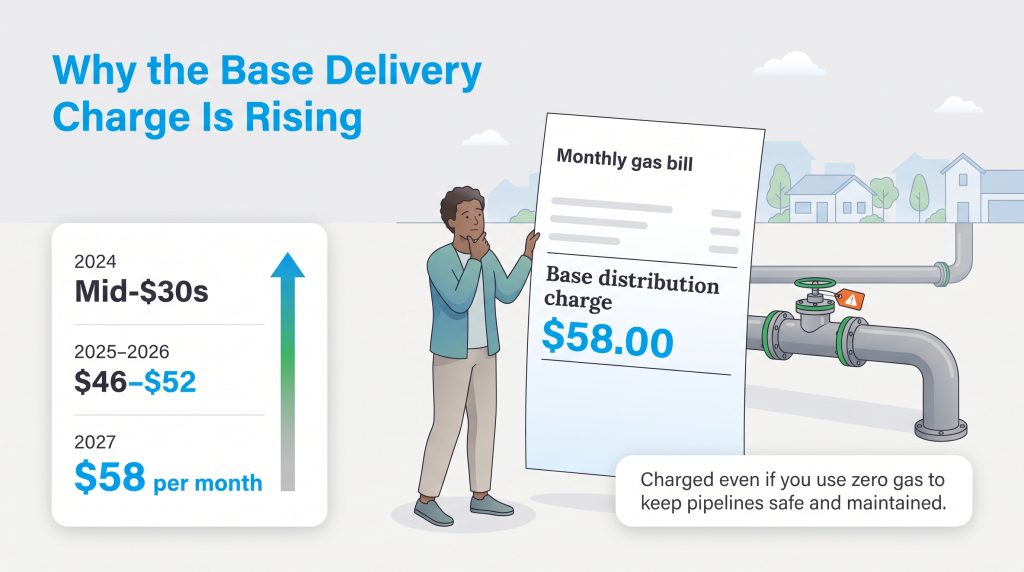 Graphic illustrating the rise of monthly base gas delivery charges to 58 dollars by 2027.