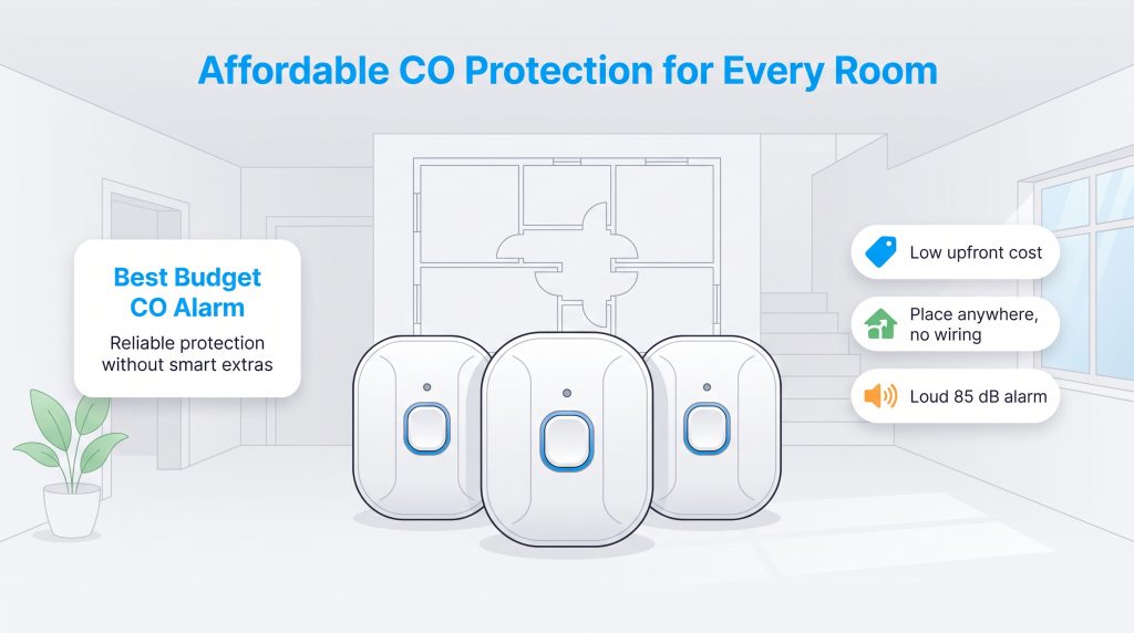 Three white carbon monoxide alarms in a home setting highlighting key budget-friendly features.