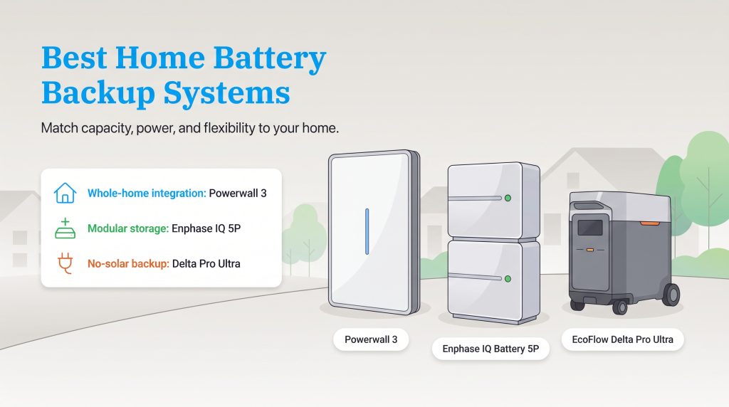 Tesla, Enphase, and EcoFlow home battery backup options compared.