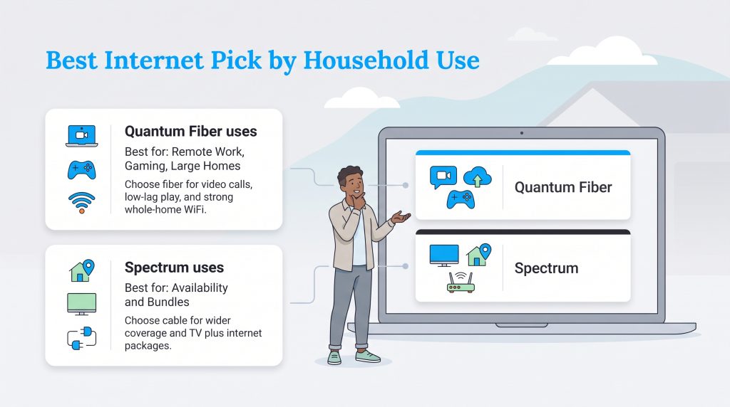 Graphic comparing Quantum Fiber and Spectrum based on different household internet needs.