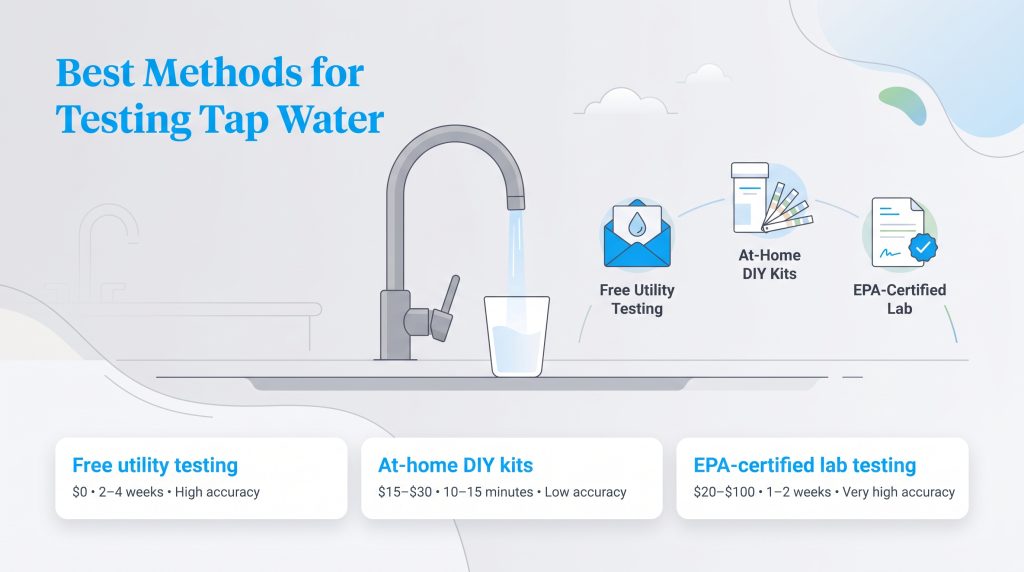 Comparison chart showing cost, time, and accuracy for three methods of testing tap water.