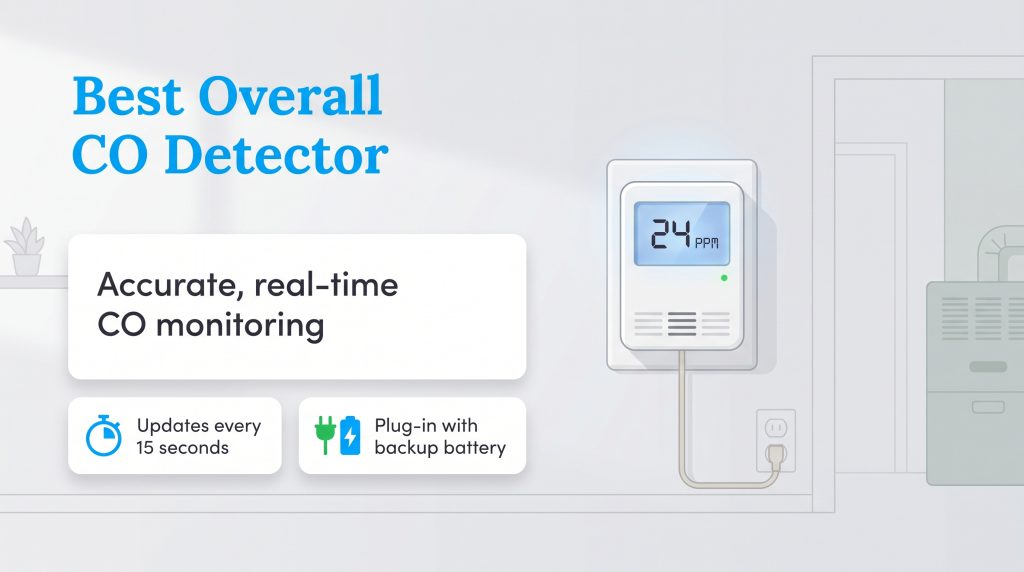Kidde Nighthawk carbon monoxide detector mounted on a wall displaying 24 PPM.