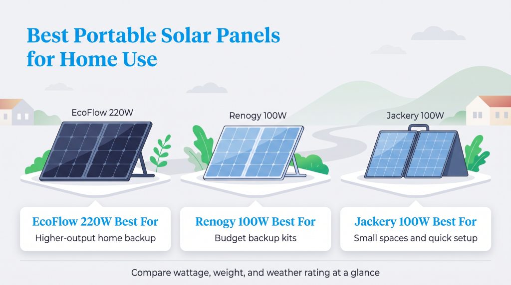 Comparison of EcoFlow, Renogy, and Jackery portable solar panels for home use.