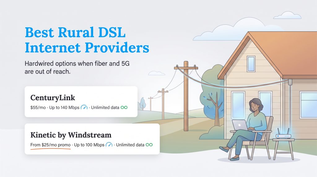 Graphic comparing CenturyLink and Kinetic by Windstream rural DSL internet plans.