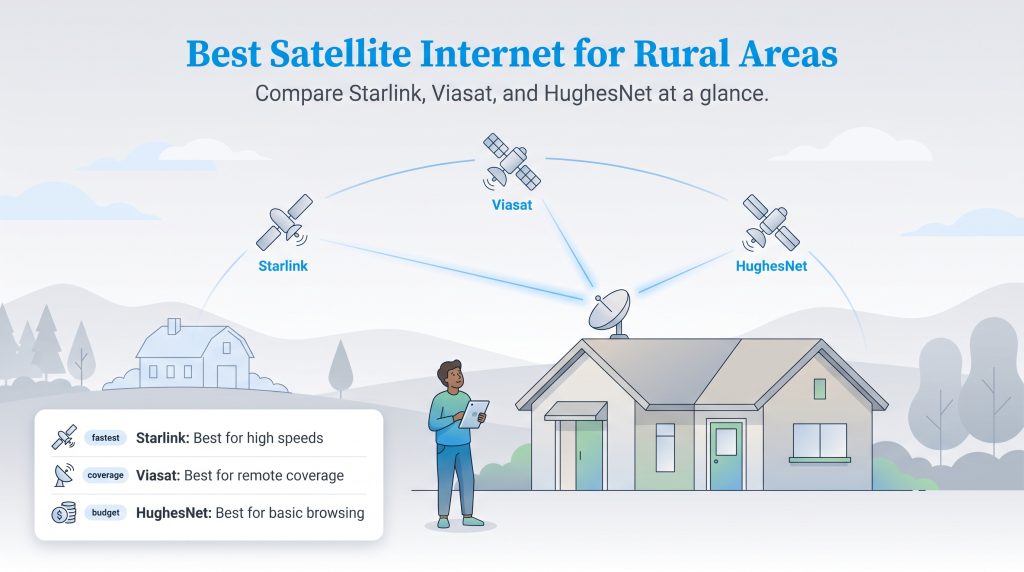 Comparison of Starlink, Viasat, and HughesNet satellite internet for rural homes.