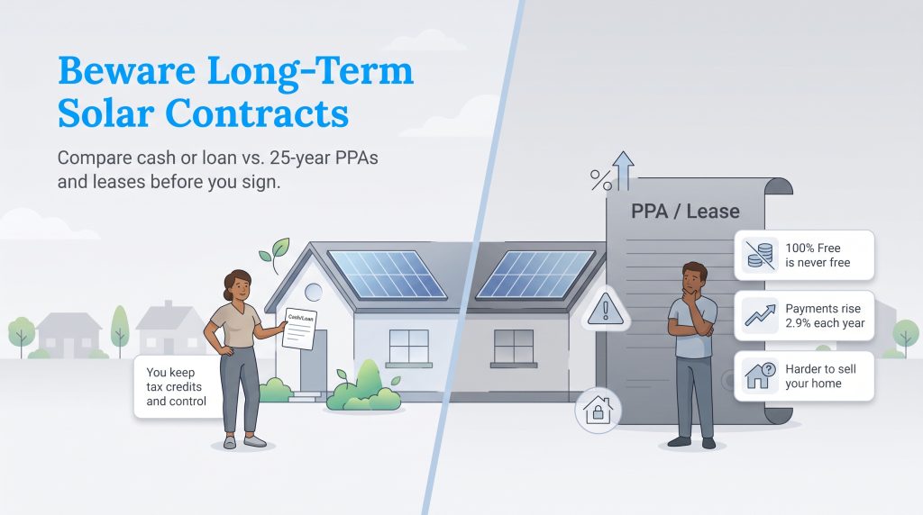 Comparison of solar cash purchase benefits versus long-term lease and PPA pitfalls