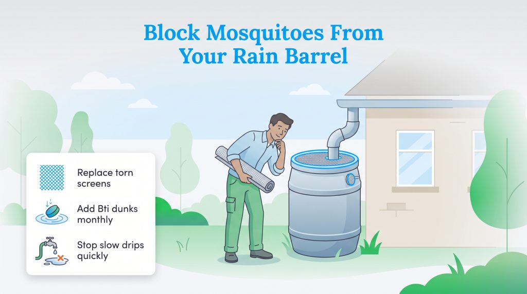 An illustration showing how to keep mosquitoes out of a rain barrel.