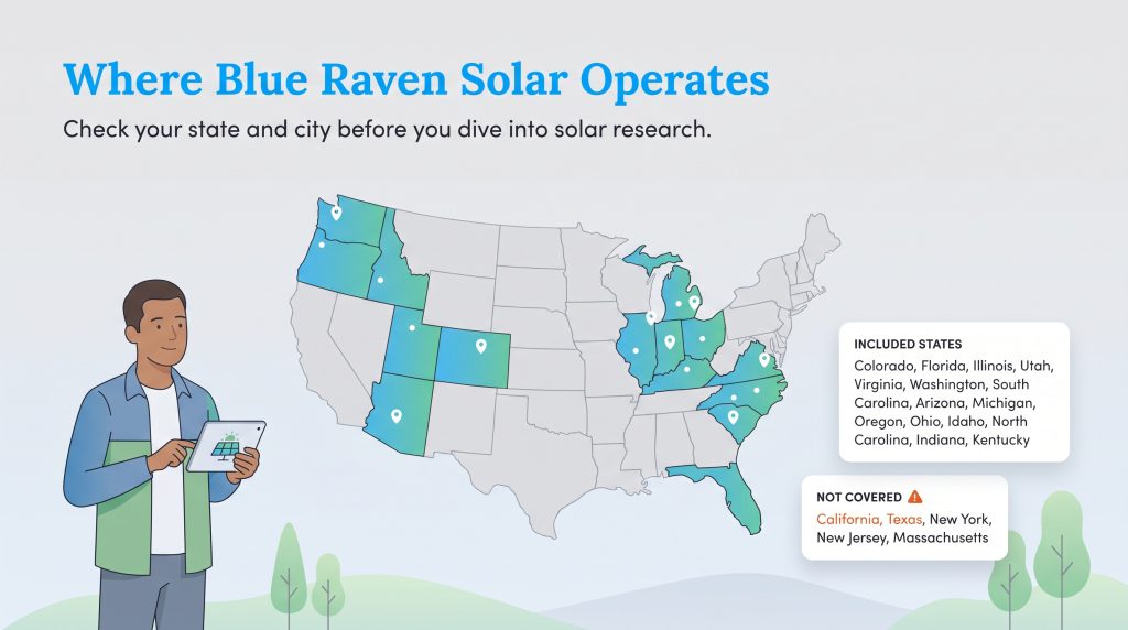 Map showing Blue Raven Solars service areas across fifteen US states.