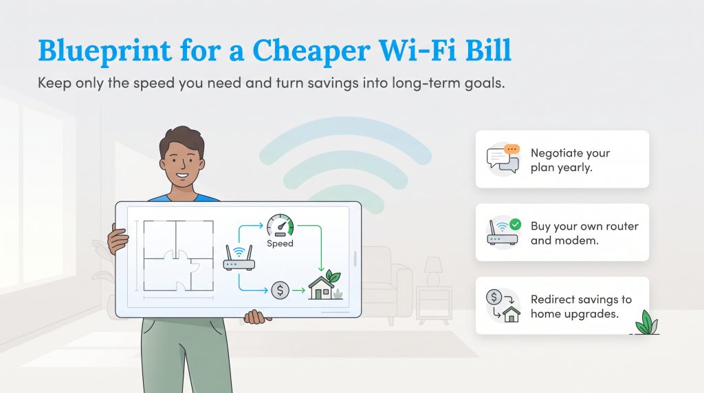 Illustration showing how to lower your internet bill and save money for home upgrades.
