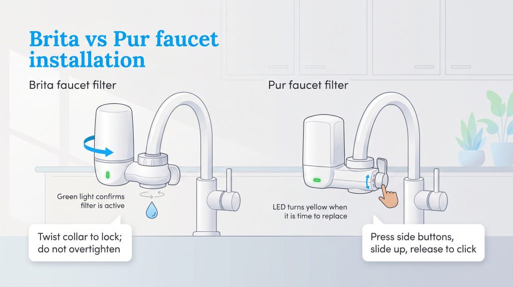 Diagram comparing Brita twist collar and Pur side button faucet water filter installation.