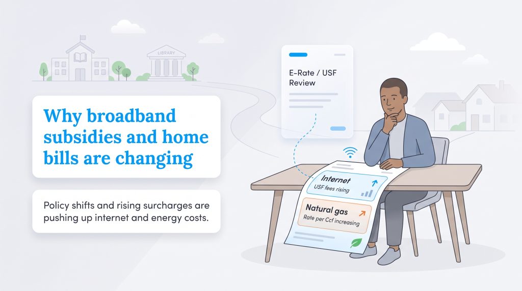 Illustration of a man reviewing rising internet and natural gas rates on a paper bill.