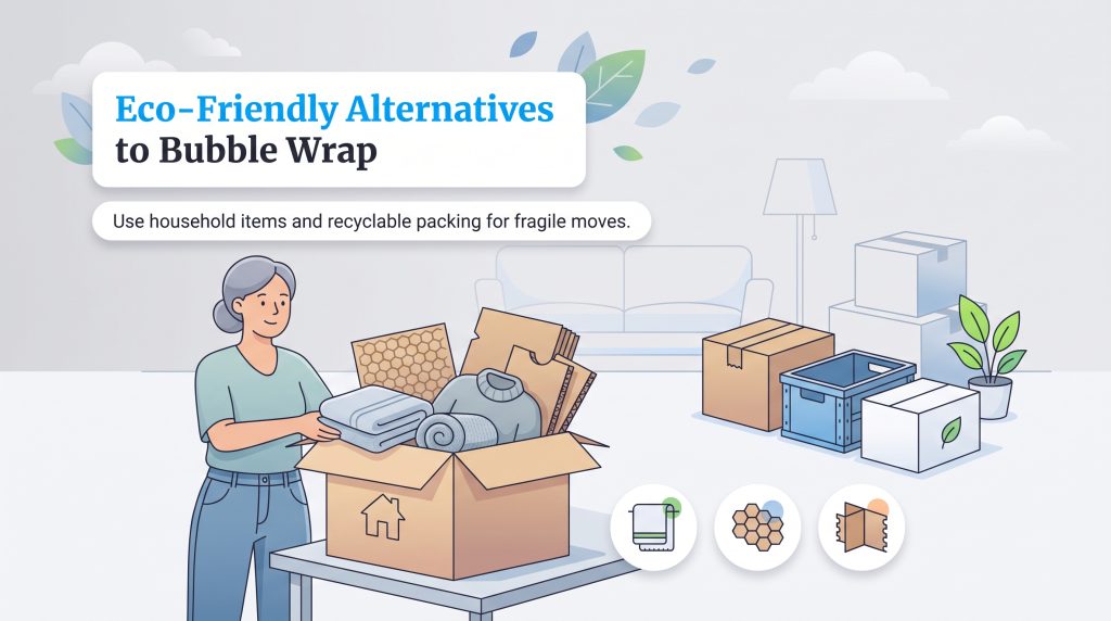 Woman packing a moving box with eco-friendly wrapping alternatives.