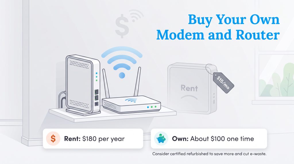 Graphic showing renting a modem costs $180 yearly versus owning for a $100 one-time fee.
