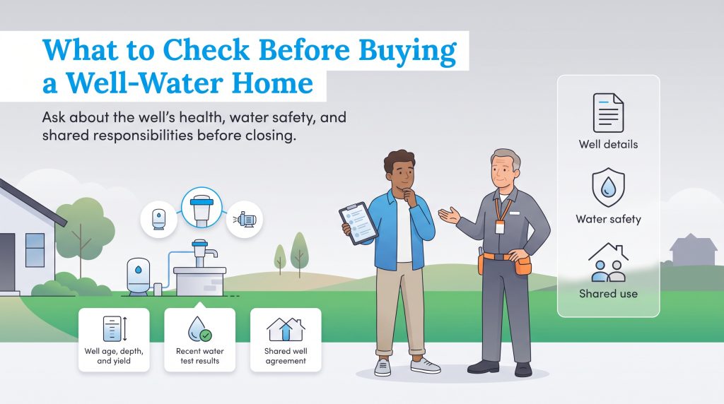 Illustration of a buyer and inspector discussing well water system details and safety checklist