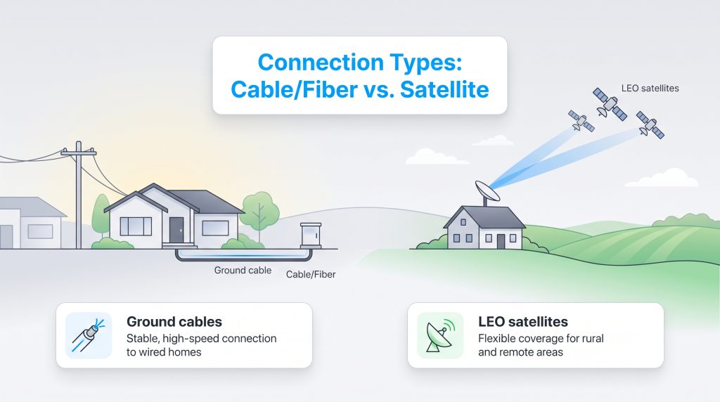 Diagram comparing cable or fiber ground connections with LEO satellite internet delivery