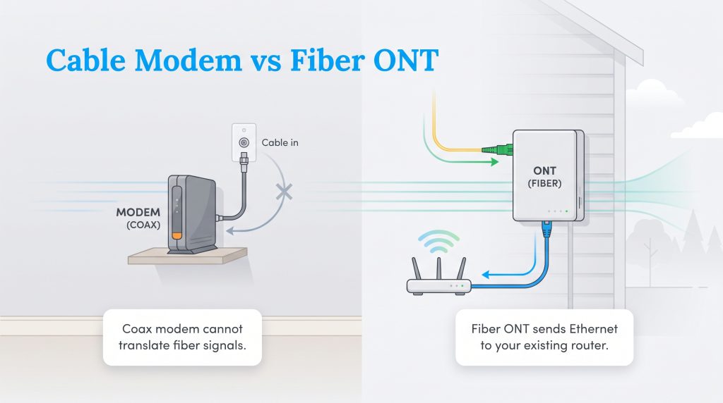 Diagram comparing a coax cable modem with a fiber ONT connected to a Wi-Fi router.