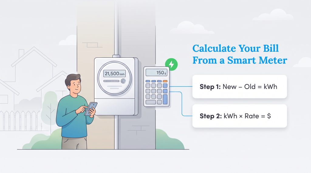 Illustration explaining how to calculate your electric bill using smart meter steps.