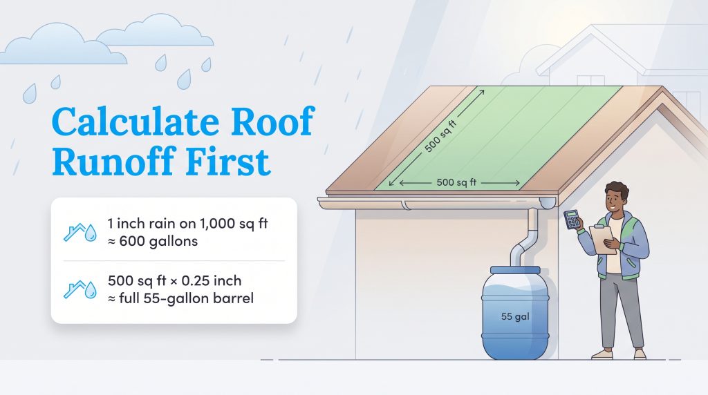 Illustration of roof runoff calculation formulas next to a house collecting rainwater