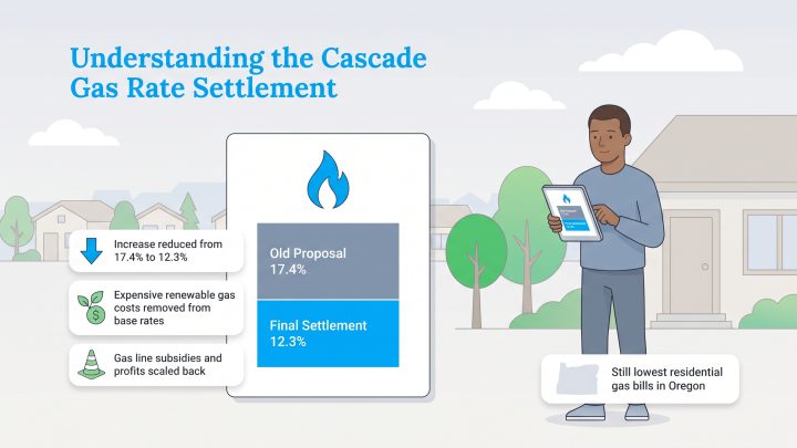 Infographic showing the Cascade Gas Rate Settlement reducing rate increases to 12.3%.