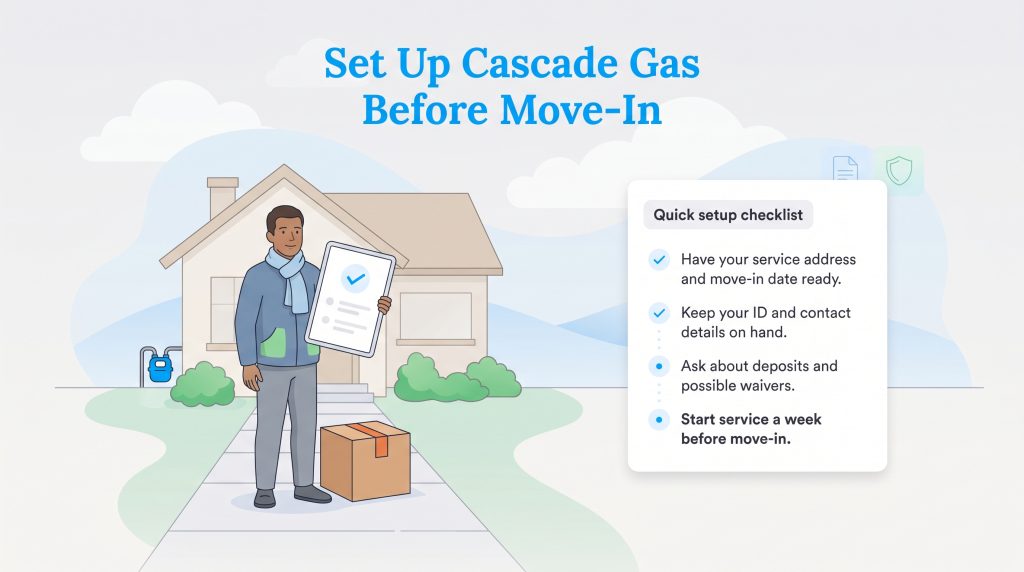 An illustration showing a quick setup checklist for starting Cascade Natural Gas service.