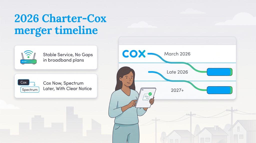 Infographic outlining the timeline for the 2026 Charter-Cox brand merger