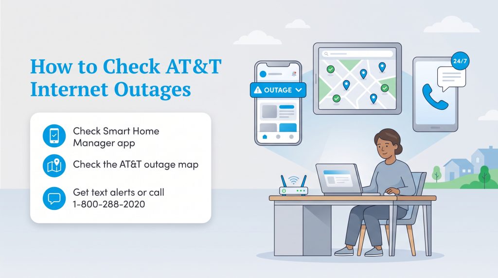 Graphic explaining steps to check AT&T internet outages using apps, maps, and phone support.