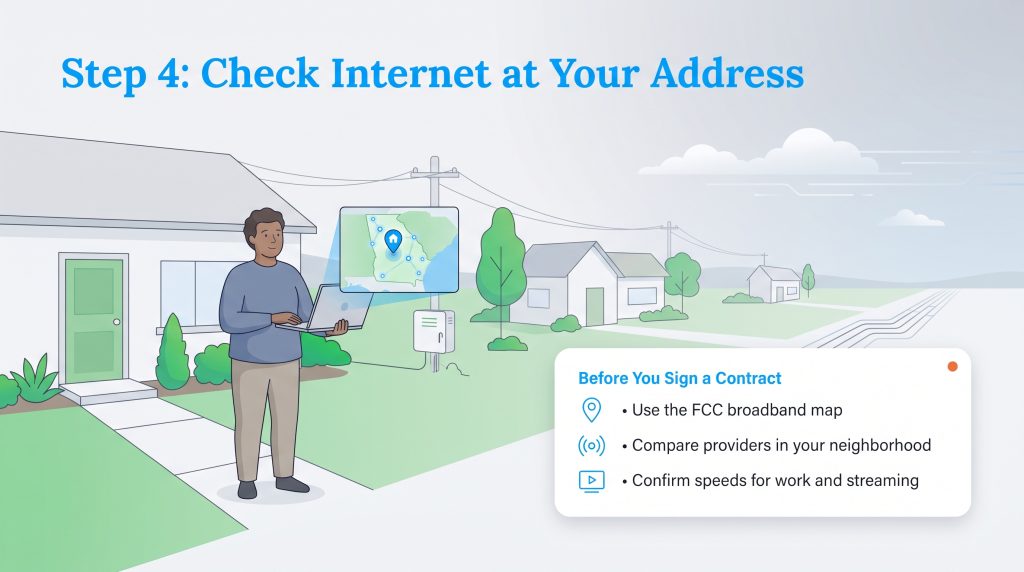 Illustration of a man using a laptop to check neighborhood internet coverage on a Georgia map.