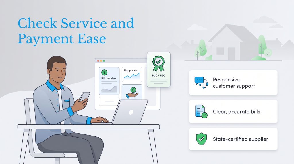 Illustration of checking customer support, billing clarity, and state certification.