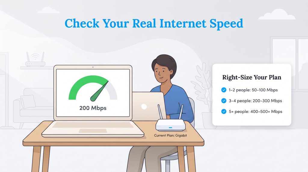 A person runs a speed test showing 200 Mbps on a laptop to choose the right internet plan.