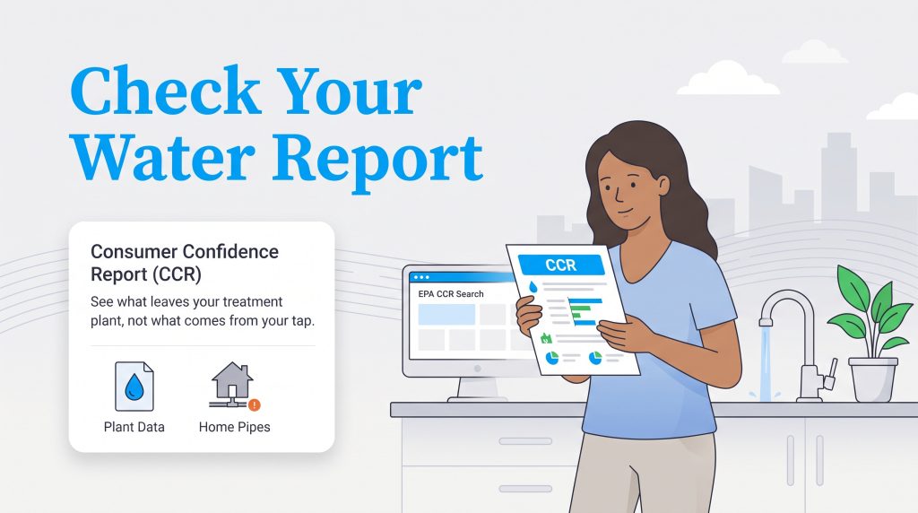 Woman holding a CCR water report next to a laptop displaying an EPA search page